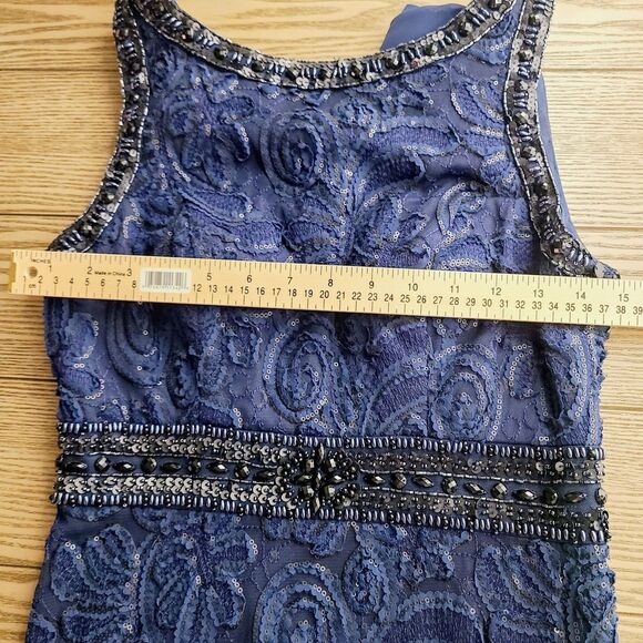Sue Wong Evening Gown 4 Navy Blue  Beaded Embroidered Lace Boat Neck Open‎ Back - Picture 7 of 9